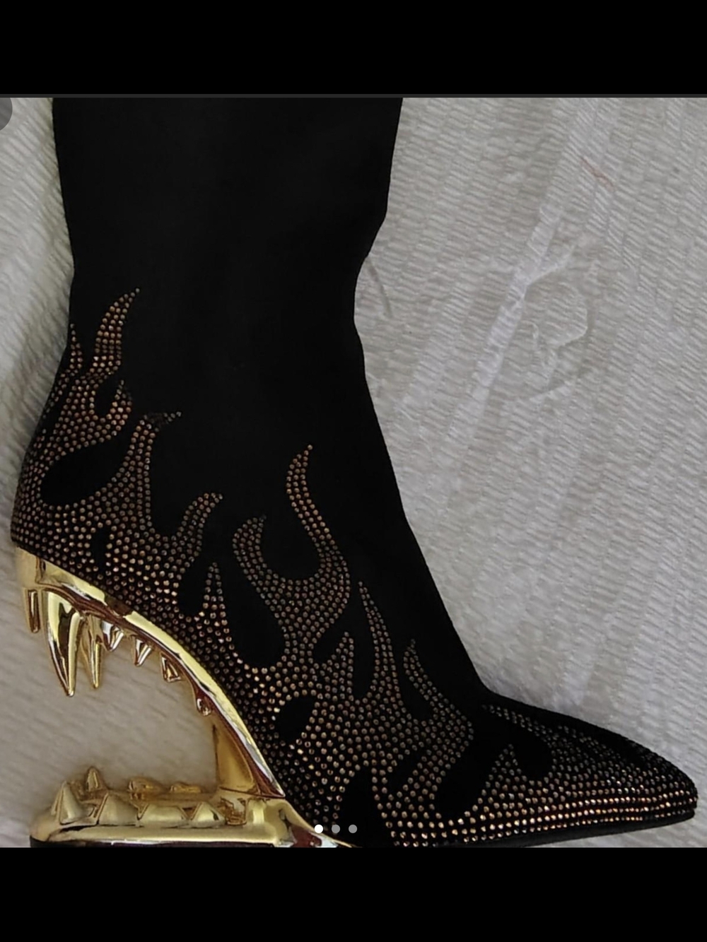 Source Unknown Black and Gold Flame-Studded Heeled Boot
